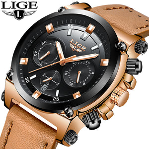 Mens Watches  Brand LIGE Luxury 24 Hour Date Display Quartz Watch Man Leather Big Dial Sport WristWatch Waterproof Analog Watch