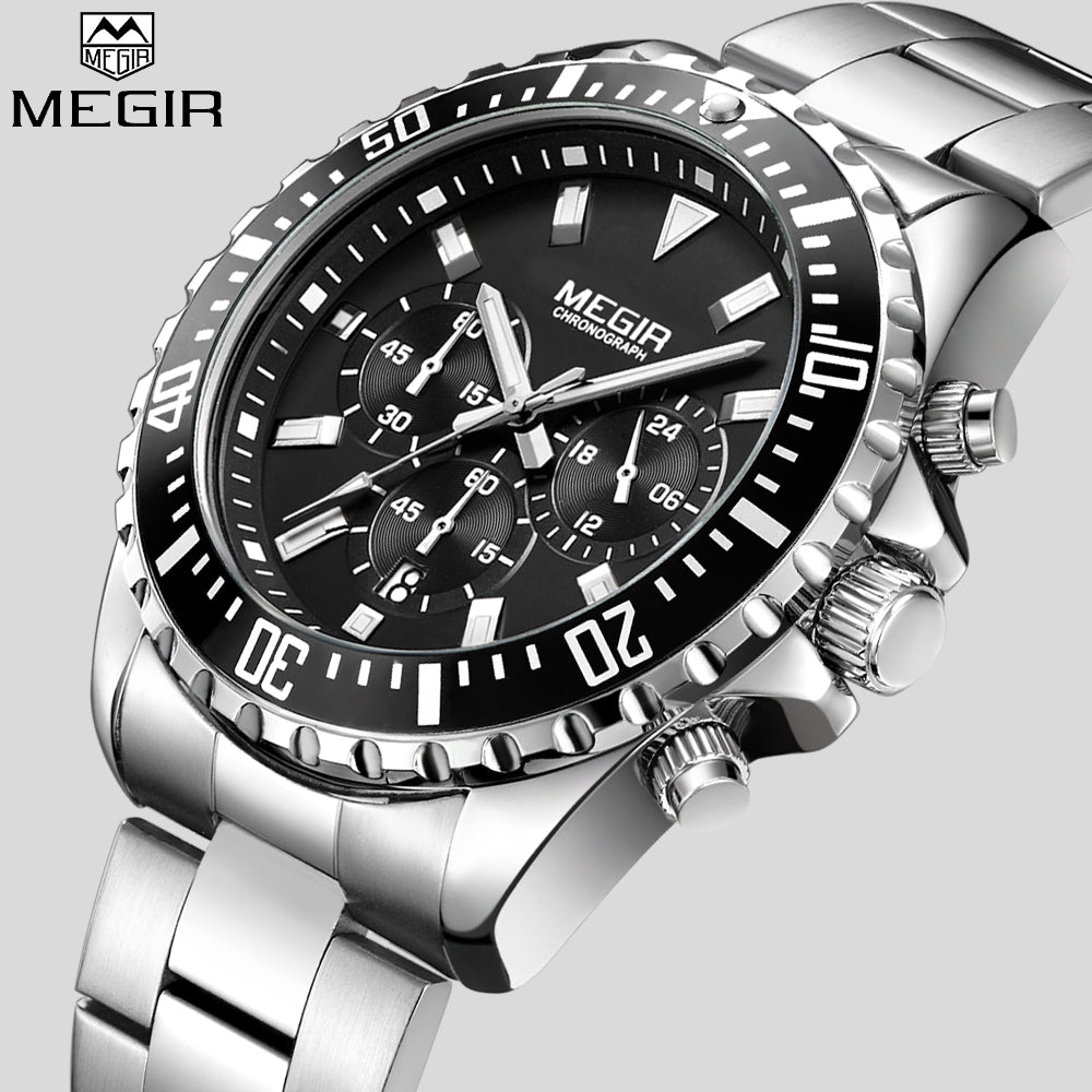 MEGIR Top Luxury Brand Watch Men Analog Chronograph Quartz Wrist Watch Full Stainless Steel Band Wristwatch Auto Date