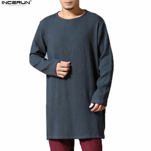 INCERUN Chinese Style Solid Long Sleeve Man's t shirt Casual  Loose Crew Neck Retro Cotton Linen T-Shirt Men 2018 Clothes