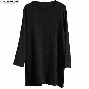 INCERUN Chinese Style Solid Long Sleeve Man's t shirt Casual  Loose Crew Neck Retro Cotton Linen T-Shirt Men 2018 Clothes