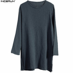 INCERUN Chinese Style Solid Long Sleeve Man's t shirt Casual  Loose Crew Neck Retro Cotton Linen T-Shirt Men 2018 Clothes