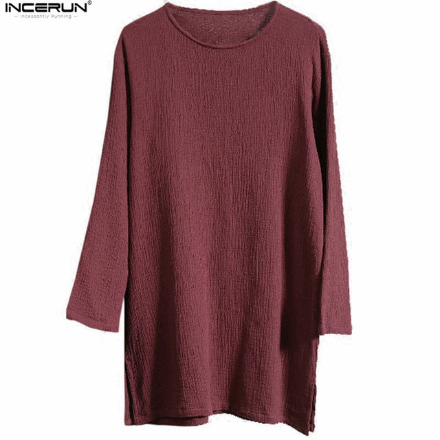 INCERUN Chinese Style Solid Long Sleeve Man's t shirt Casual  Loose Crew Neck Retro Cotton Linen T-Shirt Men 2018 Clothes