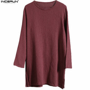 INCERUN Chinese Style Solid Long Sleeve Man's t shirt Casual  Loose Crew Neck Retro Cotton Linen T-Shirt Men 2018 Clothes