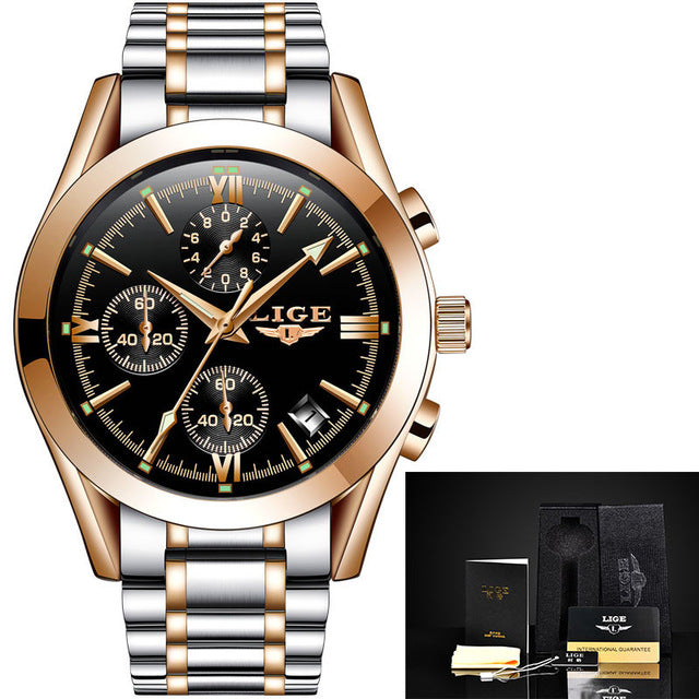 Relogio Masculion LIGE Men Top Luxury Brand Military Sport Watch Men's Quartz Clock Male Full Steel Casual Business Gold Watch