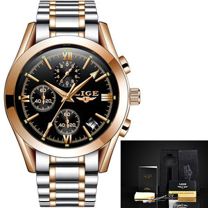 Relogio Masculion LIGE Men Top Luxury Brand Military Sport Watch Men's Quartz Clock Male Full Steel Casual Business Gold Watch